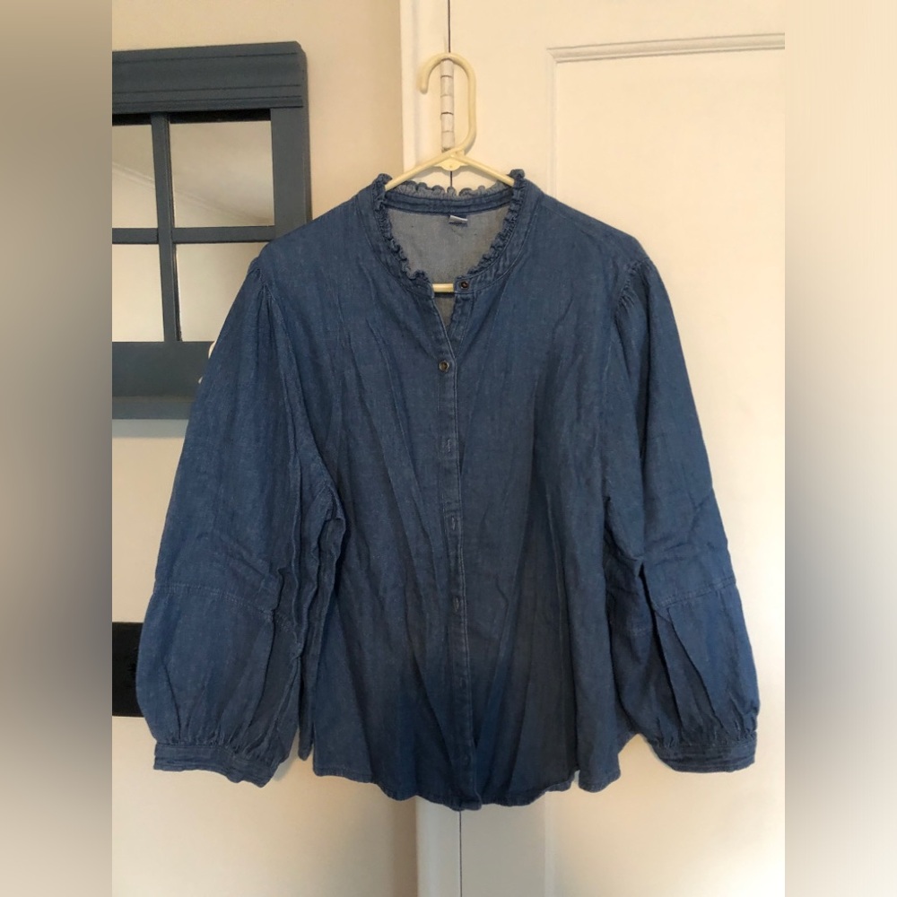 Old Navy Indigo Ruffle-Neck Button Front Blouse